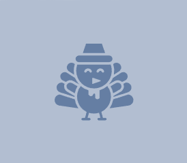 Cartoon turkey wearing a pilgrim hat, arms outstretched, on a blue background.