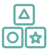Three teal-colored toy blocks stacked, each with a different shape: triangle, circle, star.