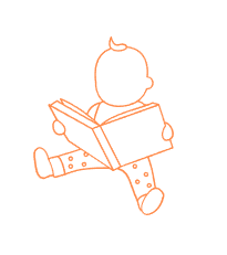 Orange line drawing of a baby sitting and reading an open book.