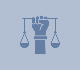 A raised fist holding scales of justice, a symbol of legal activism, in blue.