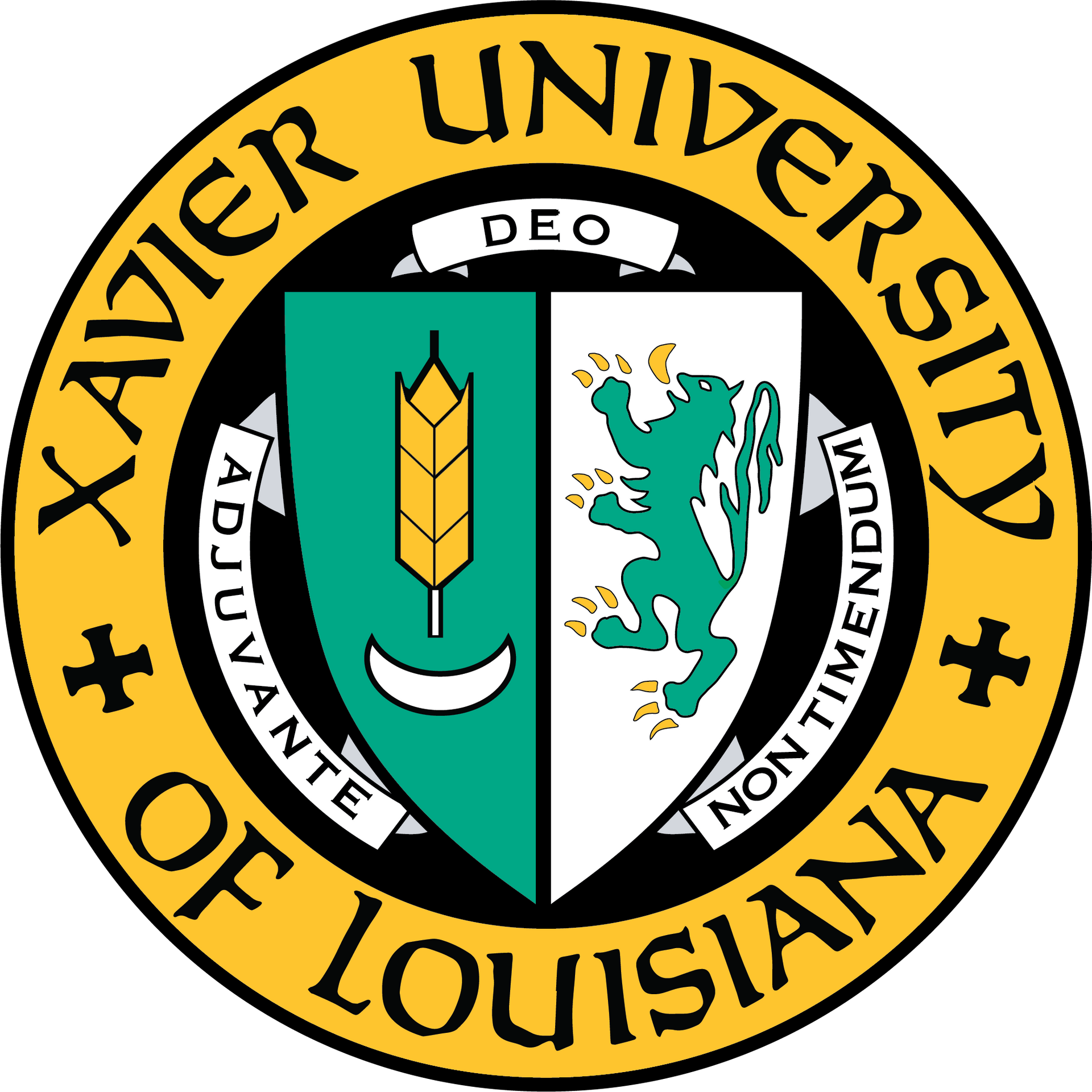 The seal of xavier university of louisiana with a shield and a lion