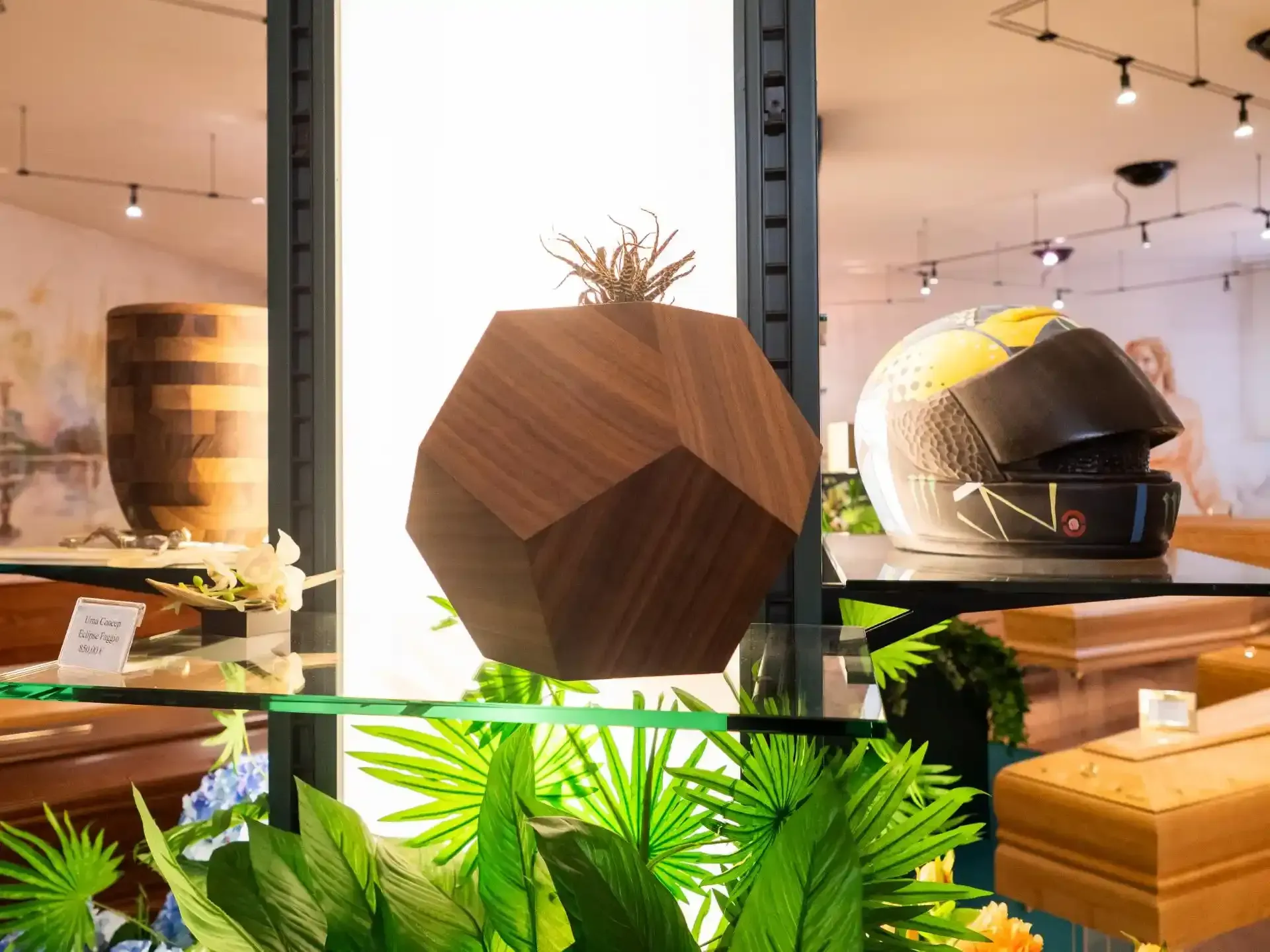 Urna di legno e casco da motociclista esposti in un negozio, con bare visibili.
