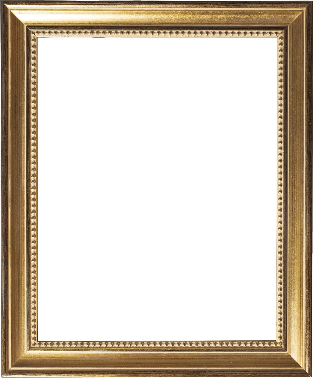 Cornice rettangolare color oro con interno bianco, bordo interno perlinato e bordo esterno spesso.