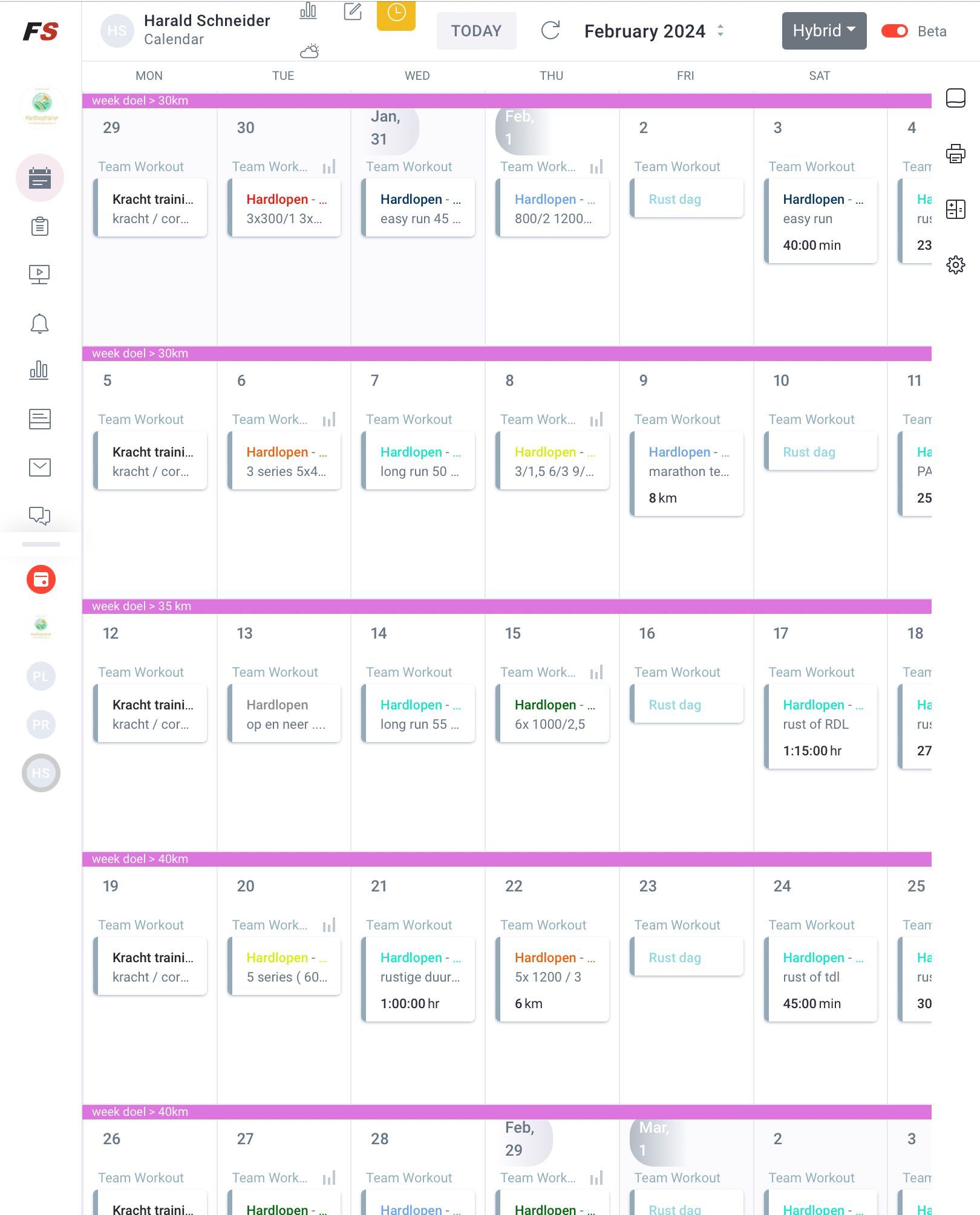 Kalenderweergave. Planning van afspraken en taken voor februari 2024 met een roze-wit kleurenschema.