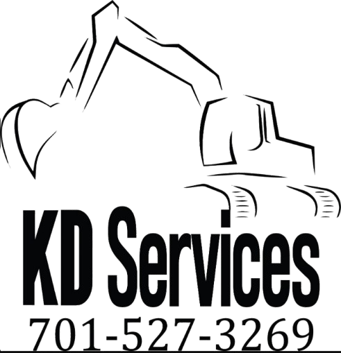 KD Services logo with excavator outline and phone number.