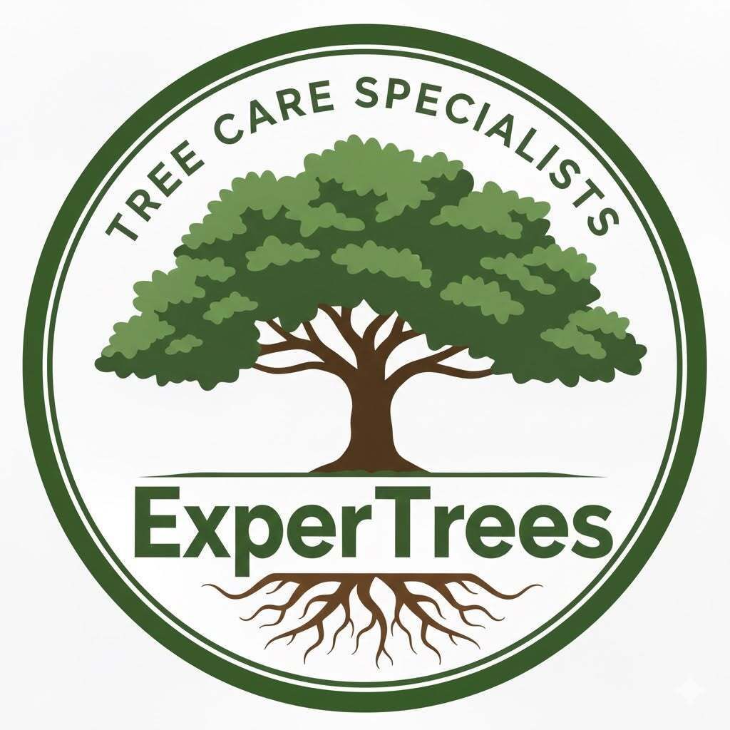 ExerTrees logo: green tree with roots in a circular badge reading “TREE CARE SPECIALISTS” and “ExperTrees”