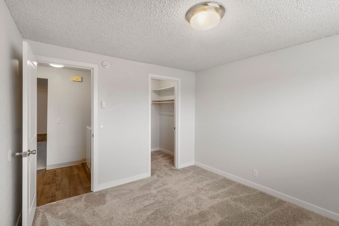 An empty bedroom with a walk in closet and a bathroom.