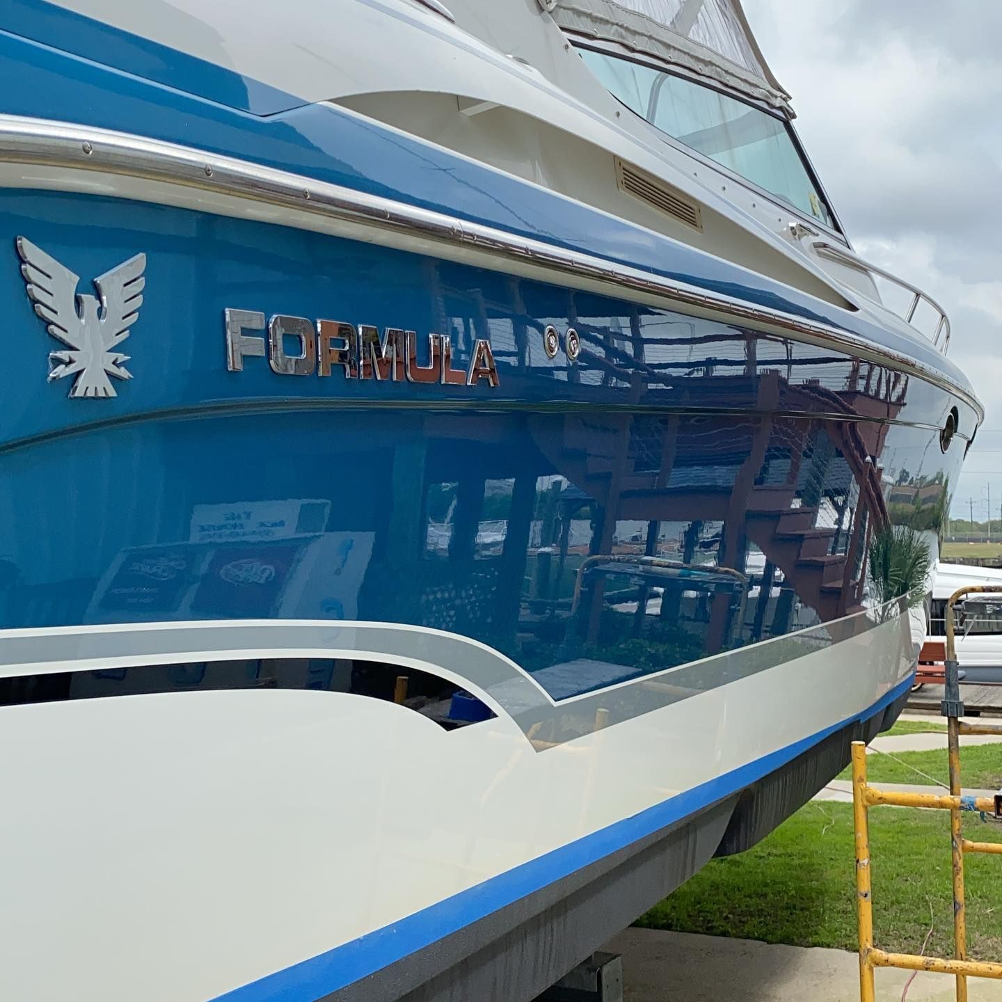 Blue and white yacht hull with 
