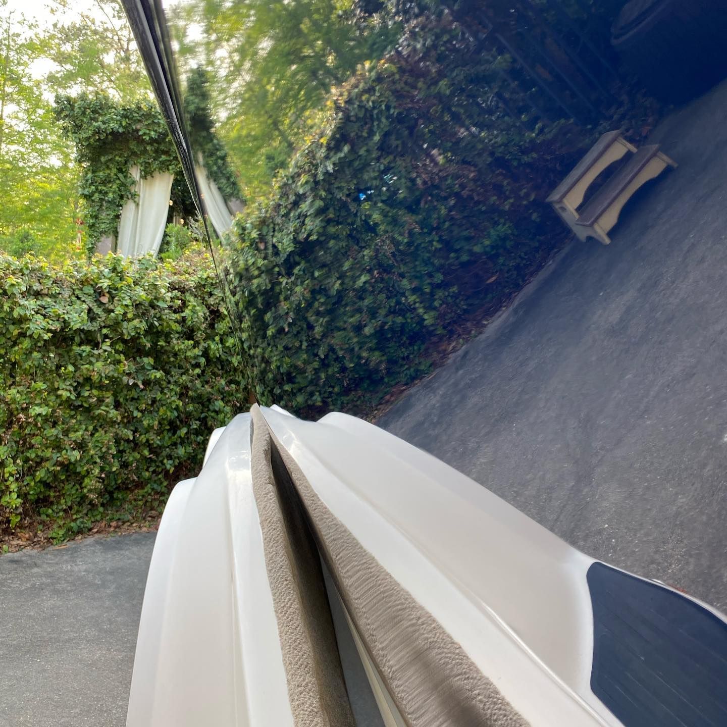 White car hood view on a narrow road beside dense green hedges and trees, with a bench at right.