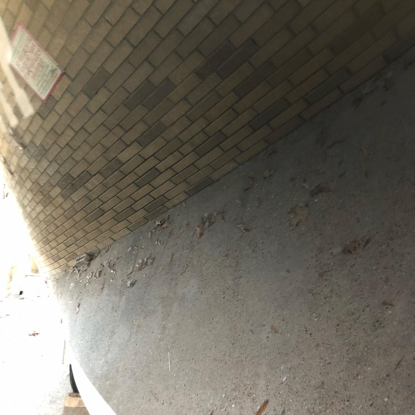 Curved brick wall above a rough gray concrete ground, viewed from a low angle