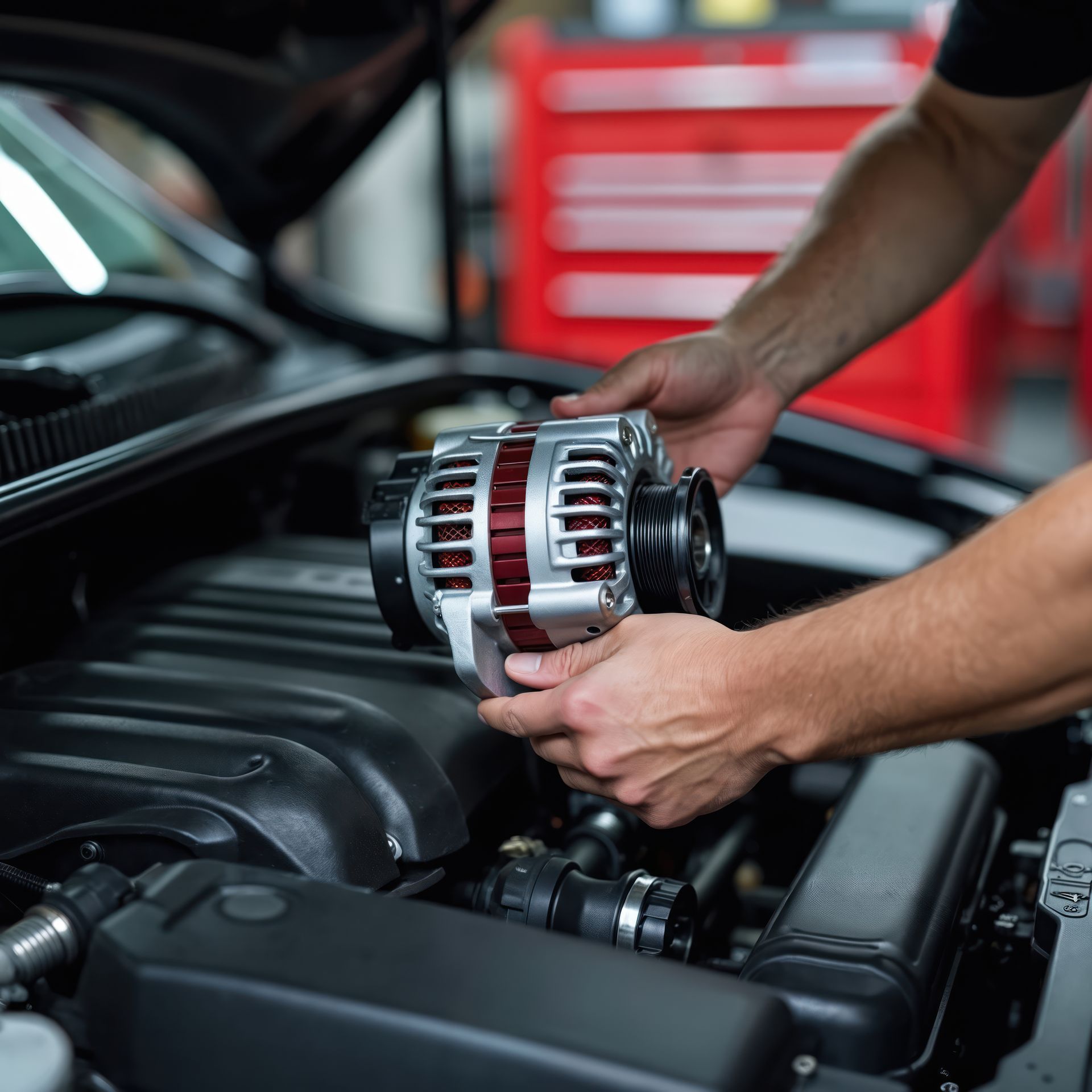 Mechanic installing a new alternator on a car engine in a garage. Mechanic installing a new alternator on a car engine in a garage.