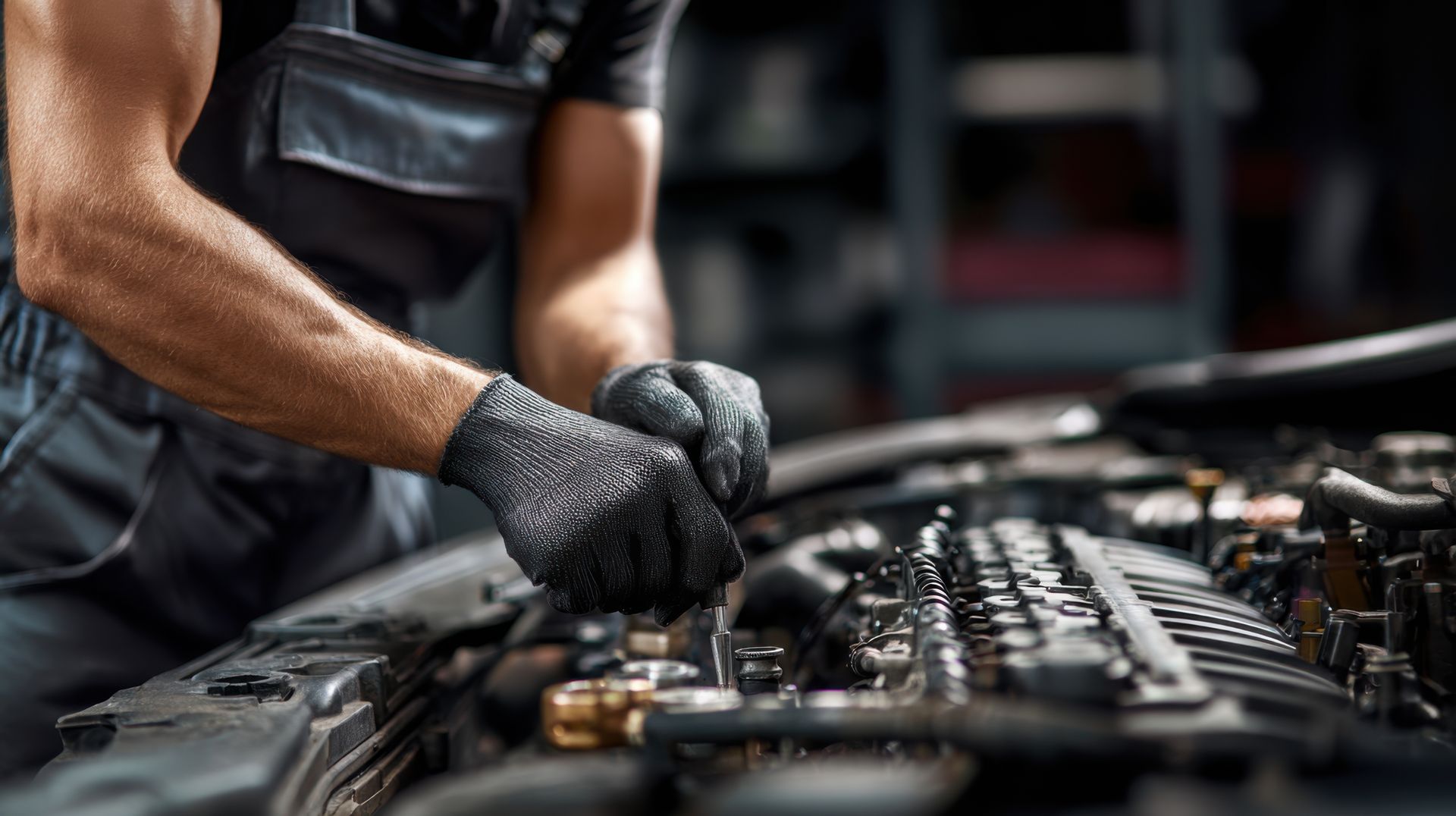 Mechanic in work gloves working on a car engine. Mechanic in work gloves working on a car engine.