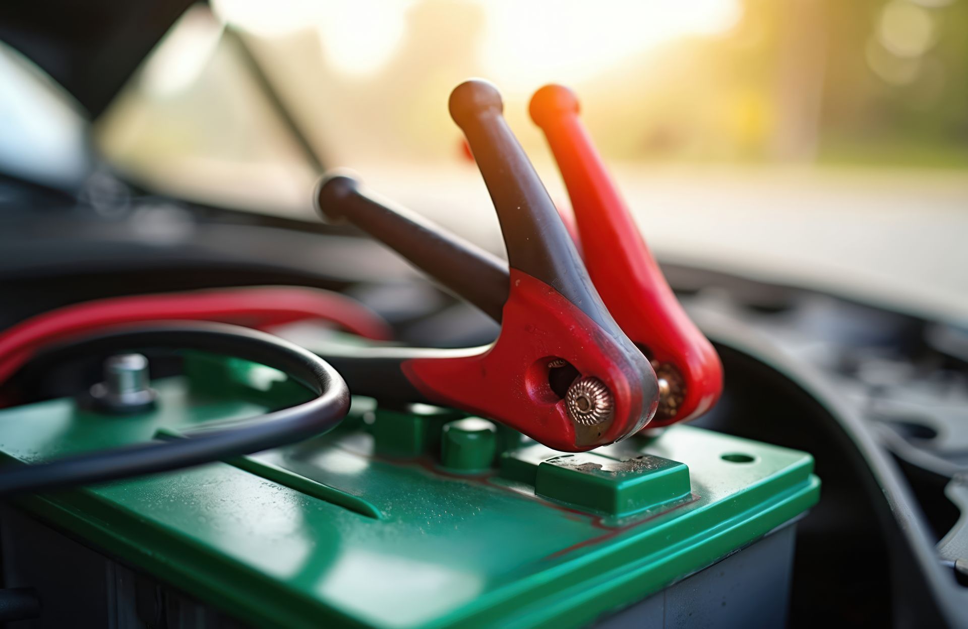 Jumper cables connected to a green car battery in an open engine compartment, red and black clips. Jumper cables connected to a green car battery in an open engine compartment, red and black clips.