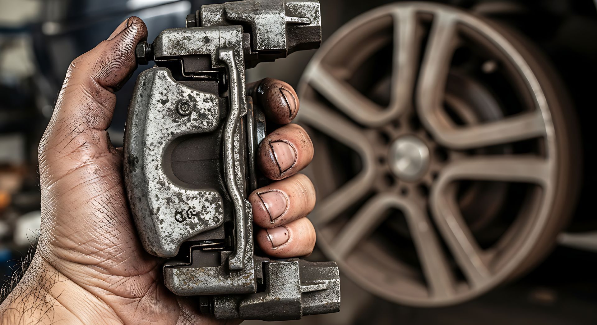 Hand holding a dirty car brake caliper, wheel in background. Hand holding a dirty car brake caliper, wheel in background.