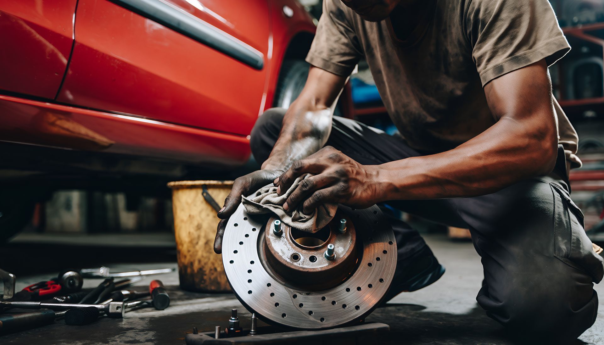 Mechanic cleaning a brake rotor next to a red car in a garage. Mechanic cleaning a brake rotor next to a red car in a garage.