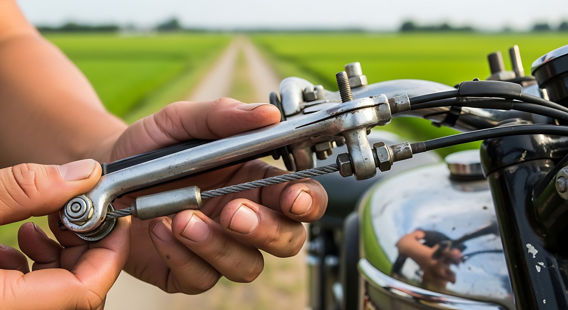 Person adjusting a motorcycle hand brake, with a green field and road in the background. Person adjusting a motorcycle hand brake, with a green field and road in the background.