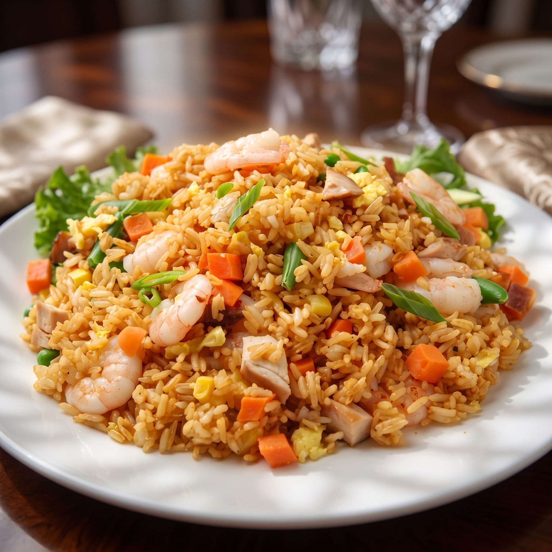 Plate of shrimp fried rice with diced vegetables on a wooden table