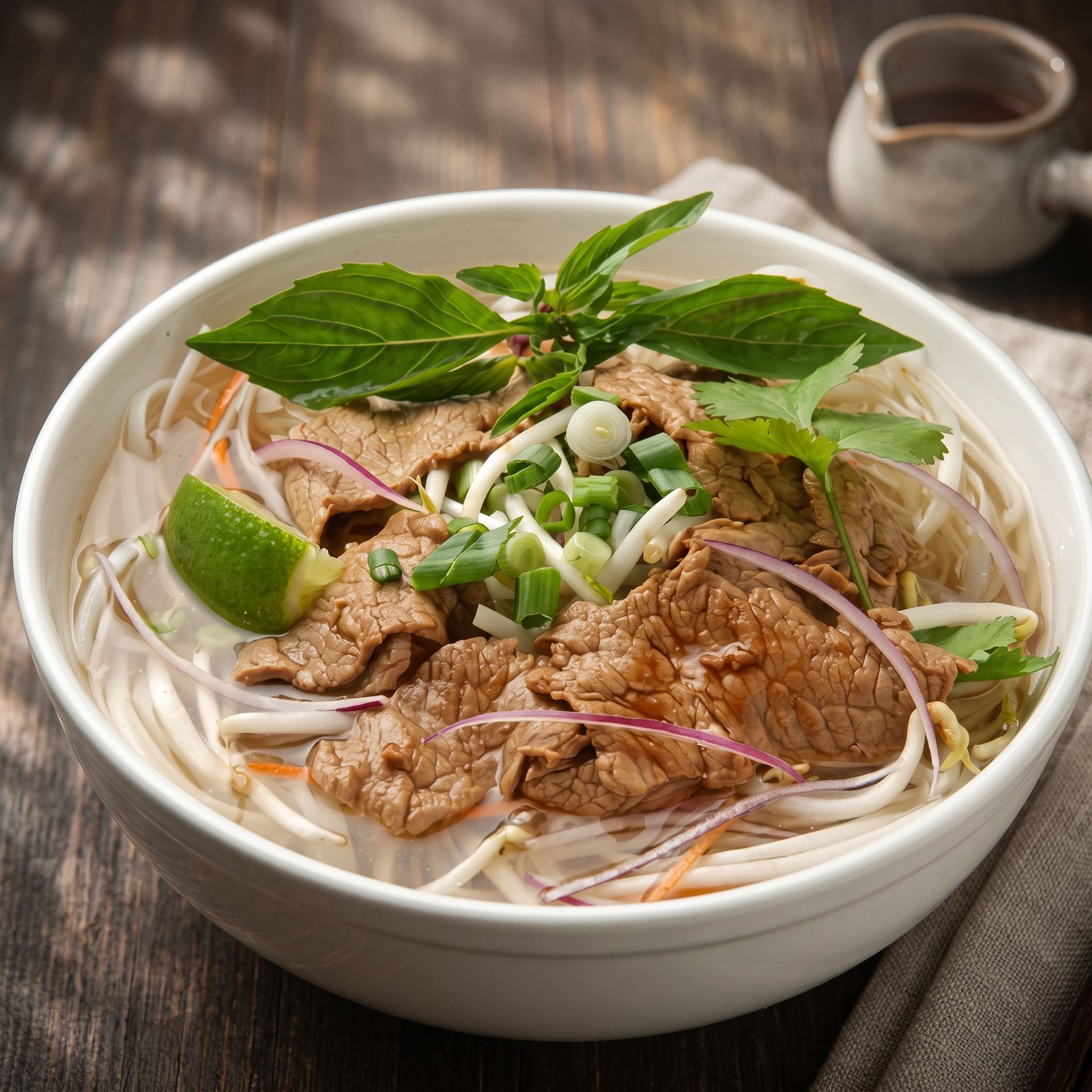 Vietnamese beef noodle soup with herbs and lime in a white bowl