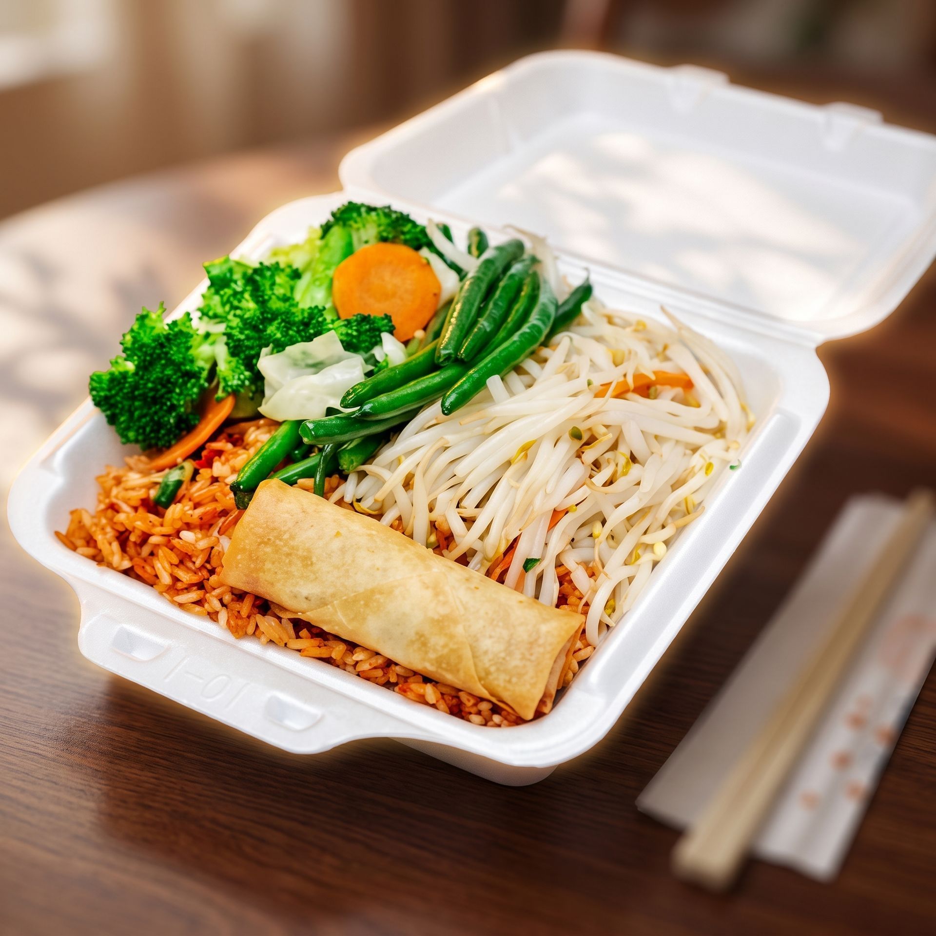 Takeout box with rice, spring roll, bean sprouts, and mixed vegetables on a table