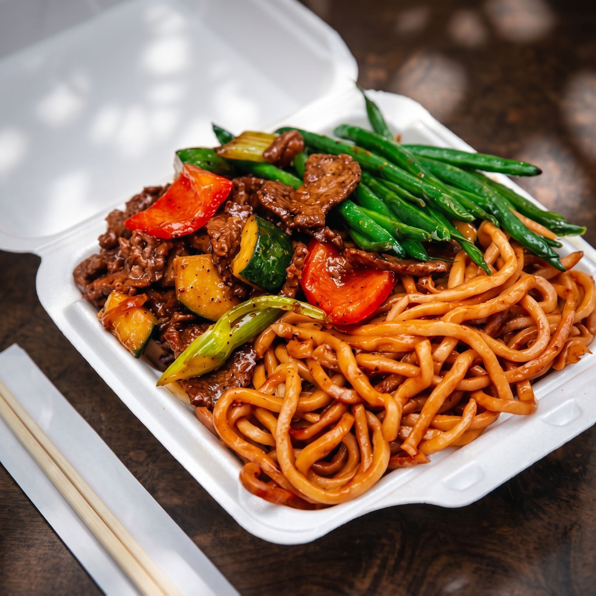Takeout container with stir-fried noodles, beef, green beans, and red peppers