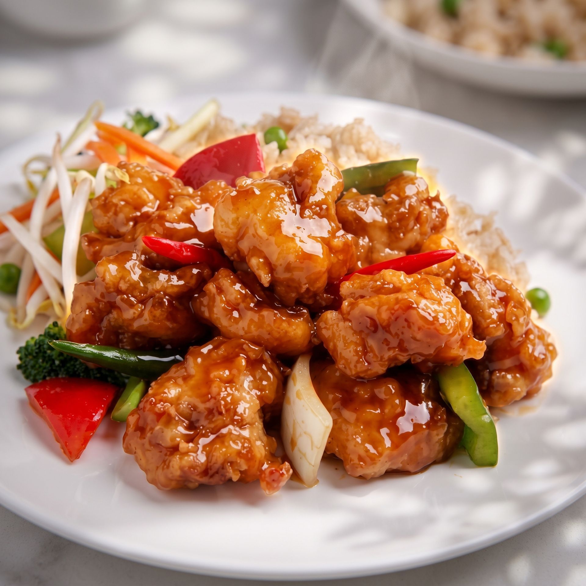Plate of crispy glazed chicken with peppers, onions, and bean sprouts on a white dish