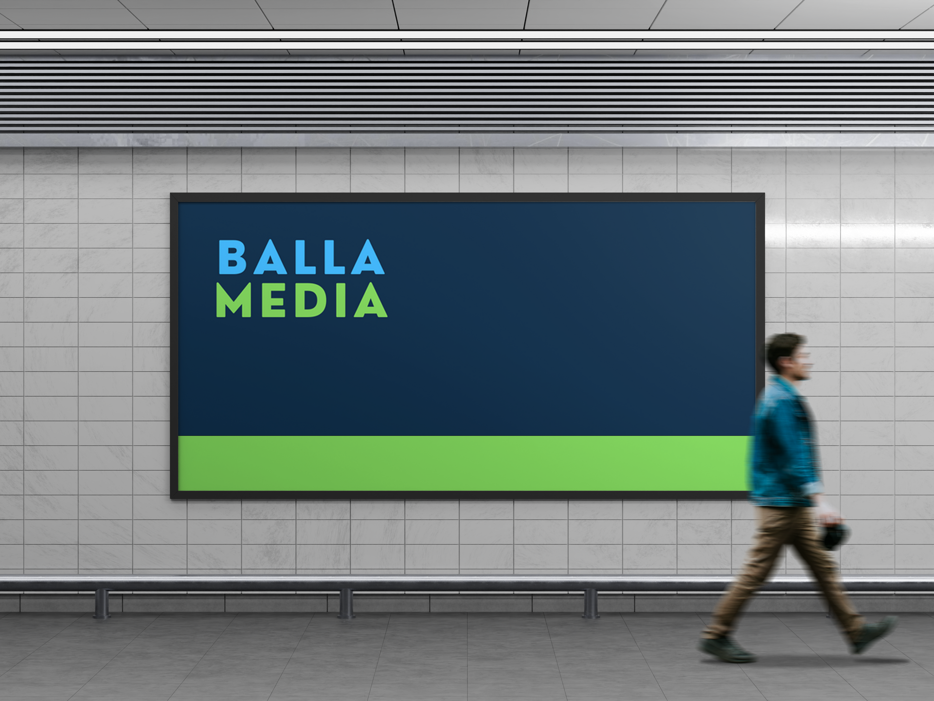 Balla Media ad on a subway wall, with a person walking past in the foreground