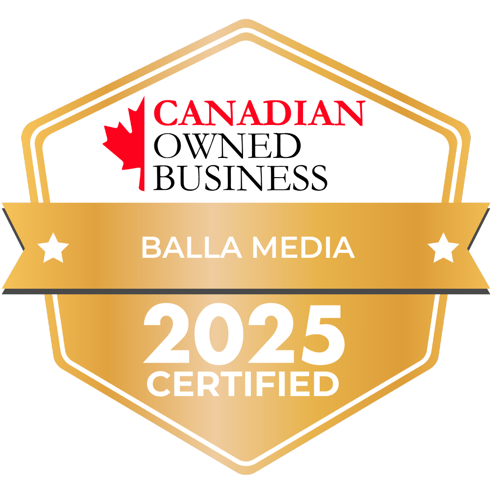 Canadian Owned Business 2025 Certified badge for Balla Media in gold and white