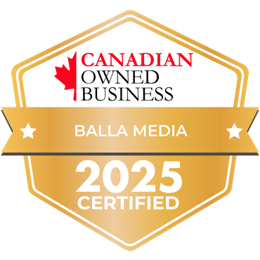 Canadian Owned Business badge for Balla Media, gold shield with white stars and “2025 Certified” text