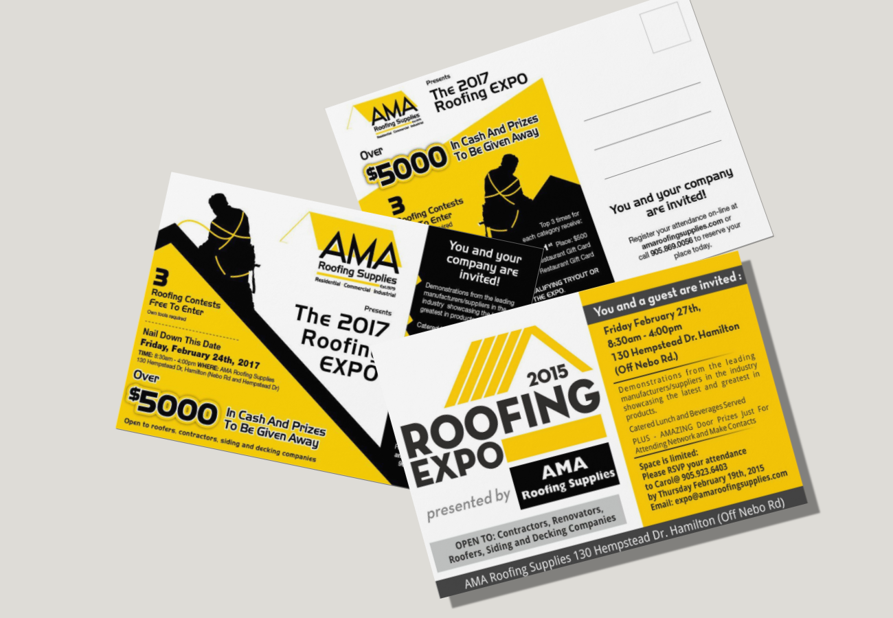 Yellow-and-black roofing expo flyers stacked on a white background with bold event text.