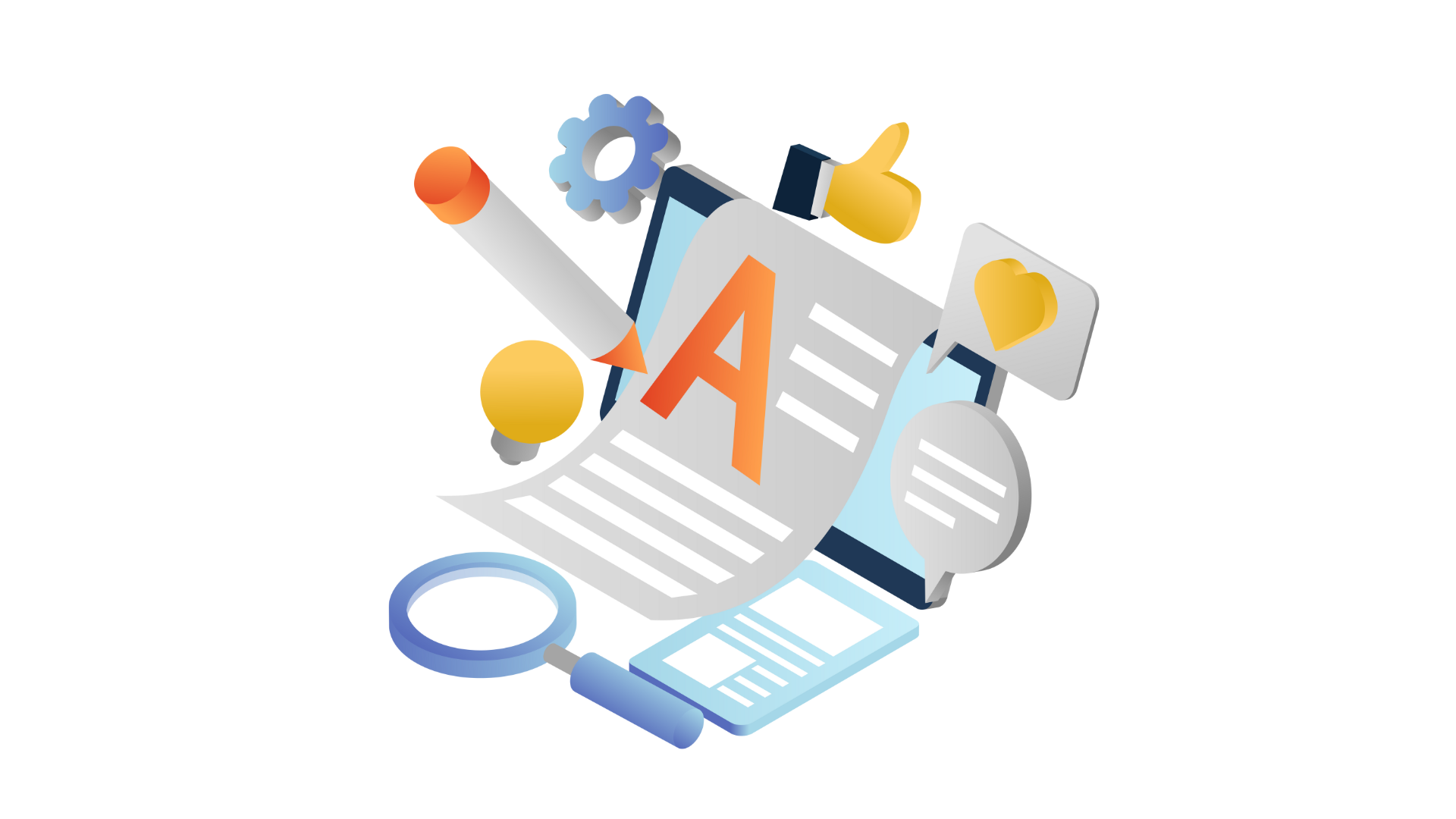 Illustration of a document with an orange A, magnifying glass, gear, and thumbs-up icons