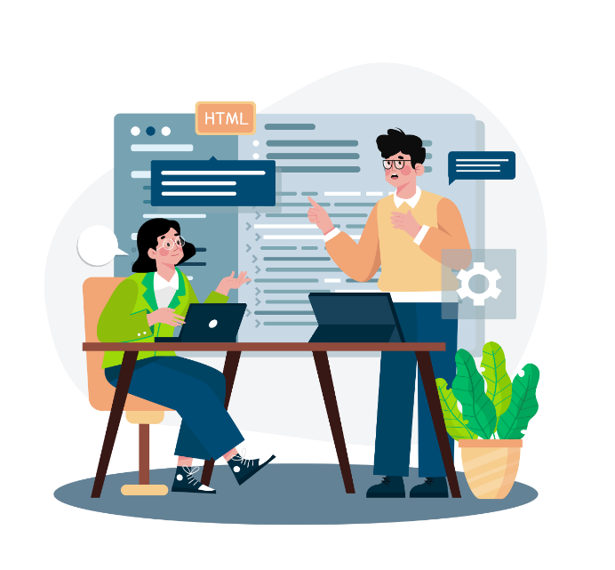 Two coworkers in a modern office discussing HTML code at a desk with laptops and plants