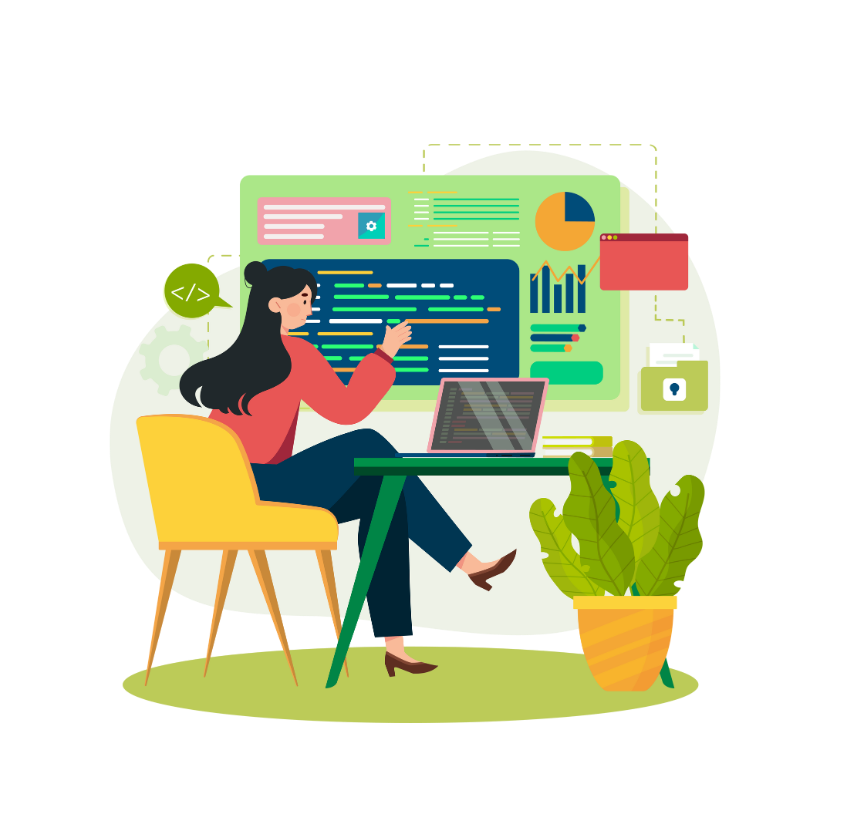 Woman coding at a desk with a laptop, pointing at a screen displaying code. Yellow chair, plant, green background.