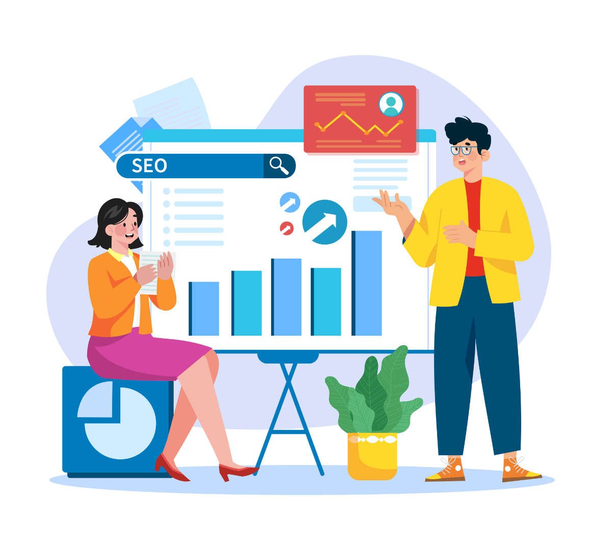 Two people analyzing SEO charts on a laptop in a bright office setting