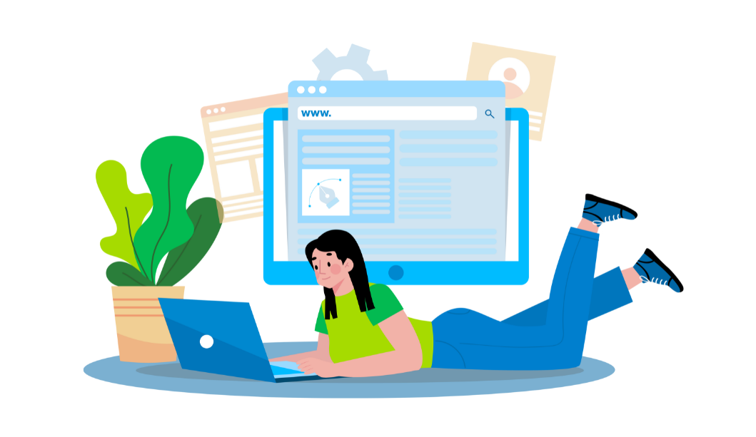 Woman using a laptop on the floor beside a large monitor and potted plant, with a blue cat nearby