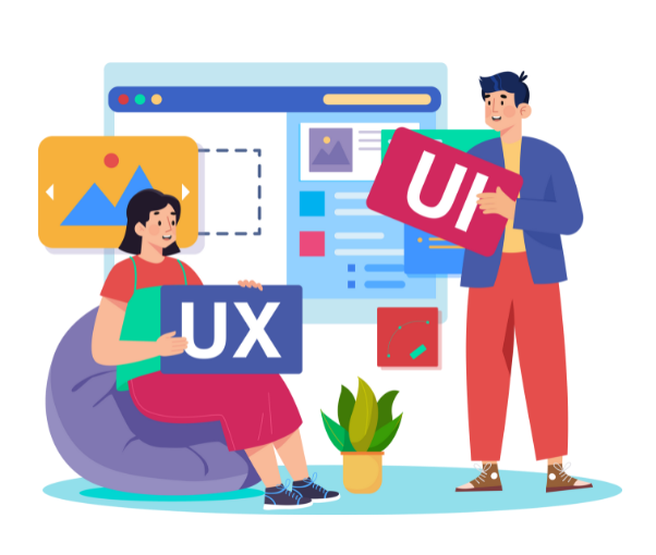 Woman seated, holding “UX” sign, man standing holding “UI” sign; website interface in background.
