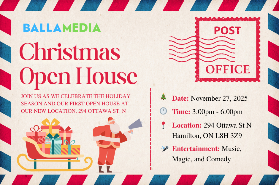 Christmas Open House poster with Santa, gifts, and event details in red, cream, and blue.