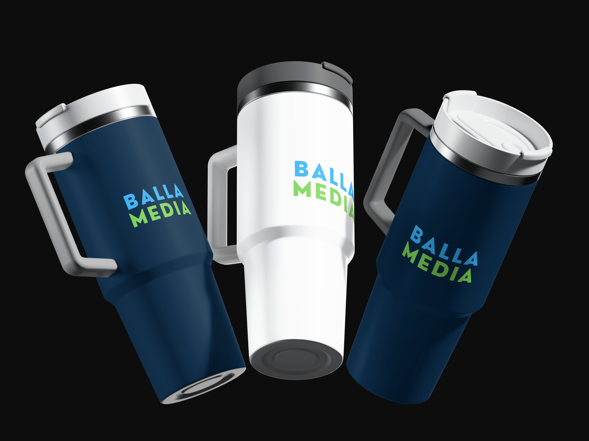 Three insulated tumblers with handles, in navy, white, and navy, branded “BALLA MEDIA.”