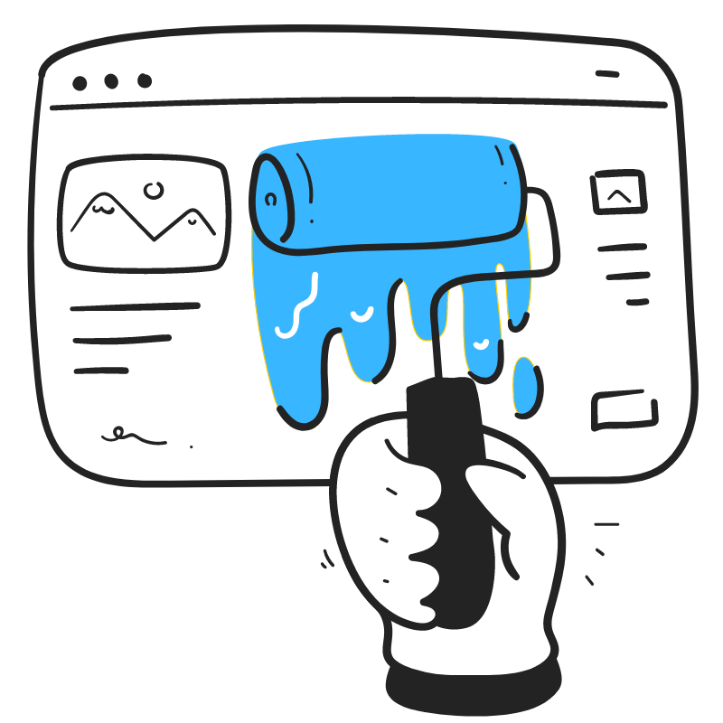 A hand is holding a paint roller in front of a computer screen.