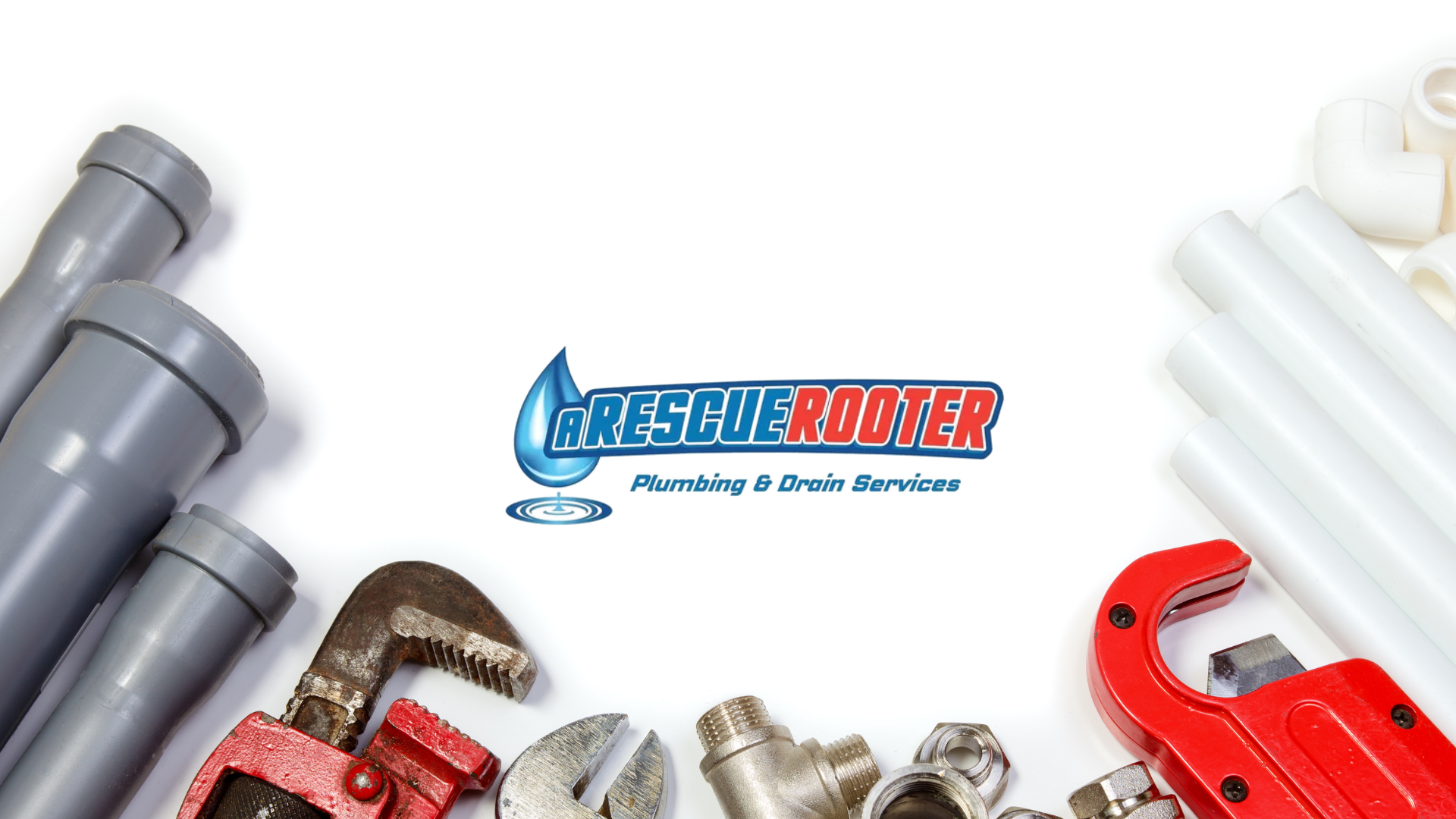 Assorted colorful pipe fittings around a central logo on a white background