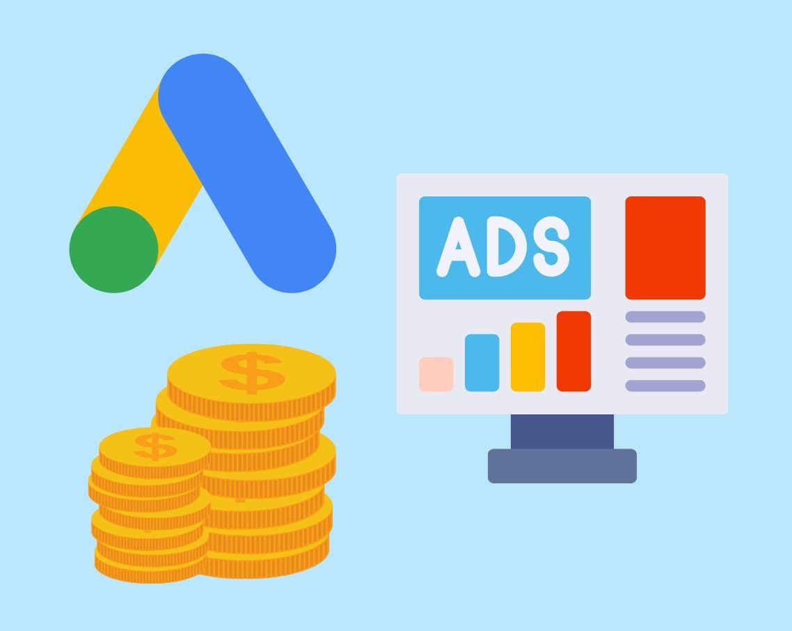 A stack of gold coins next to a computer screen that says google ads