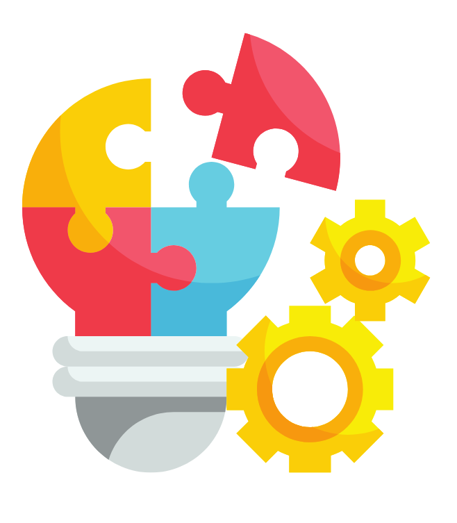 Colorful puzzle pieces forming a light bulb with gears, symbolizing ideas and problem-solving