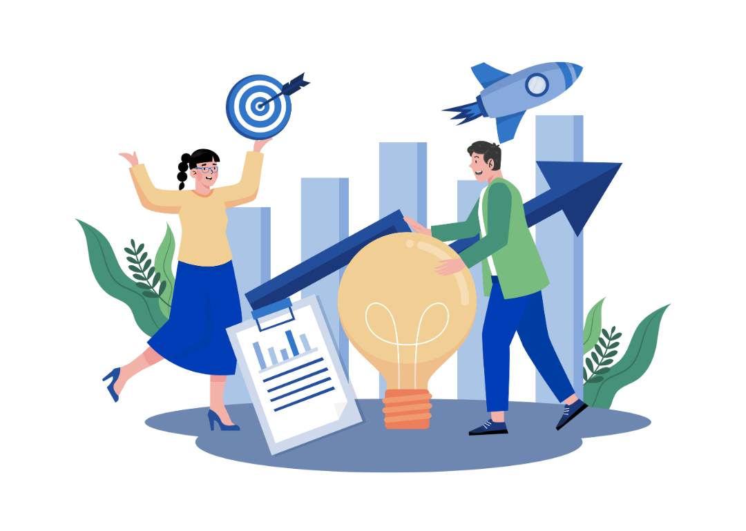Two people presenting business goals with charts, rocket, and lightbulb in a modern office scene