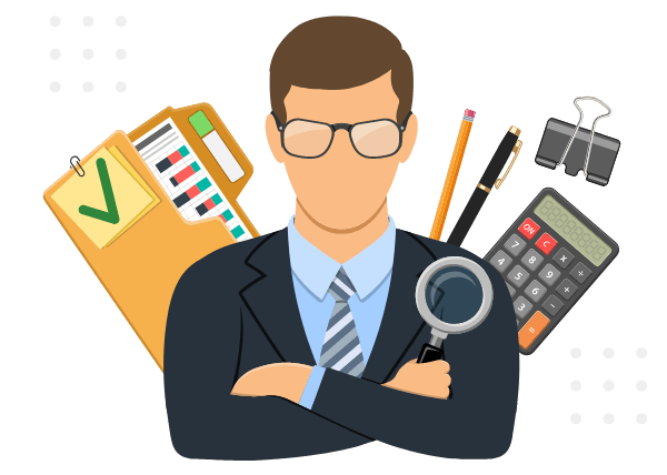A man in a suit and tie is holding a magnifying glass and a calculator.