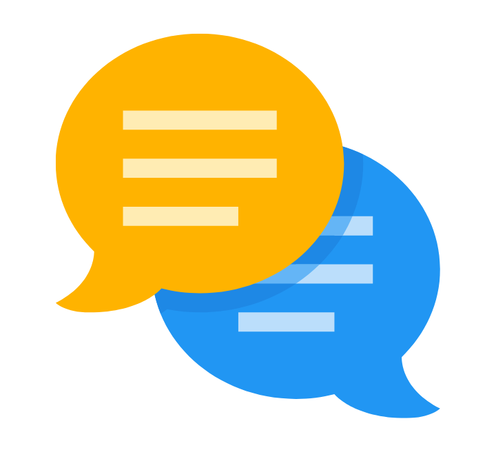 Two overlapping speech bubbles, one orange and one blue, with white text lines inside.