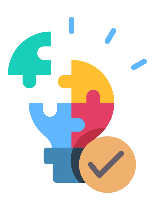 Colorful puzzle pieces with a lightbulb and check mark icon