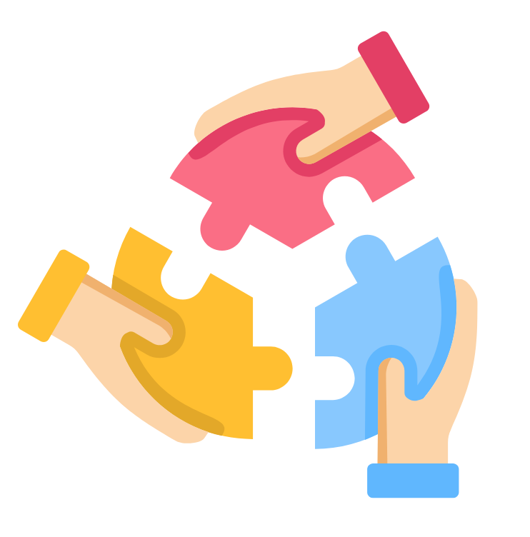 Three hands fitting together colorful puzzle pieces in pink, yellow, and blue