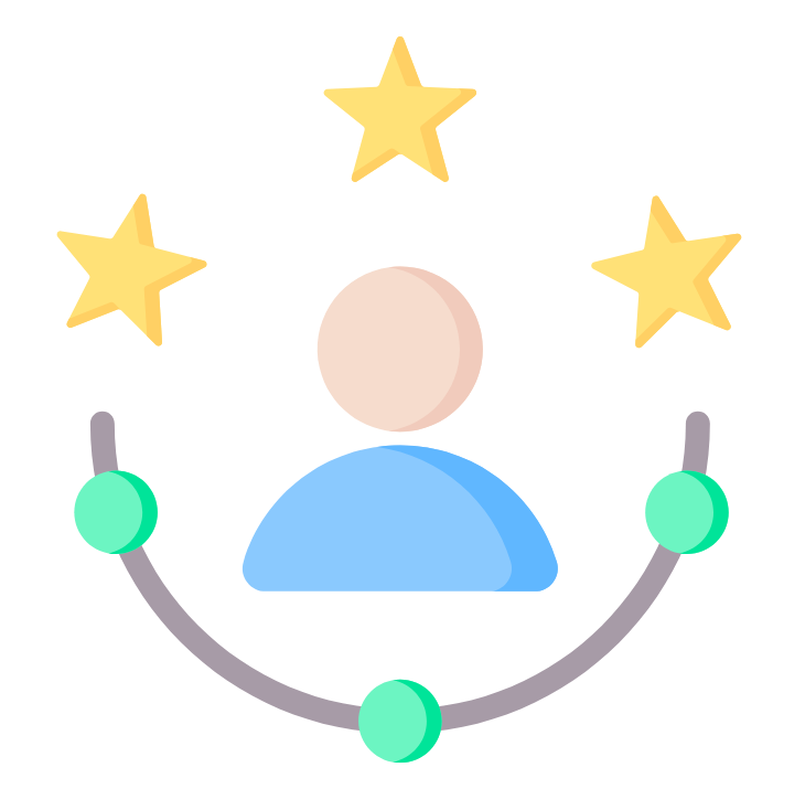 User icon with stars and a curved progress arc with green nodes.