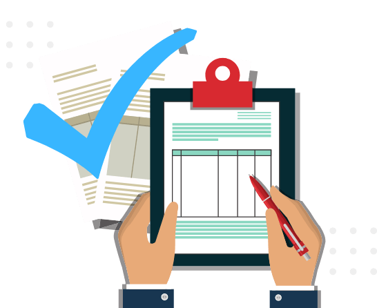 A person is holding a clipboard with a pen and a check mark.
