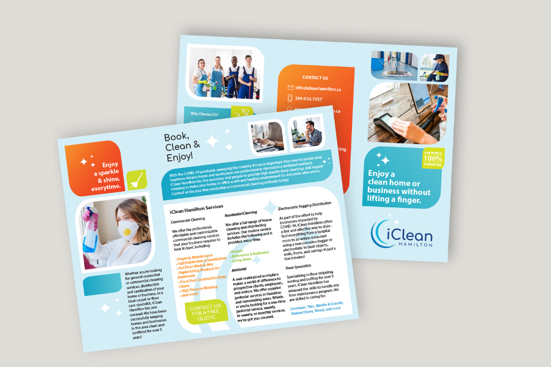 Blue and orange dental brochures with photos, text blocks, and the iClean logo spread on a white background