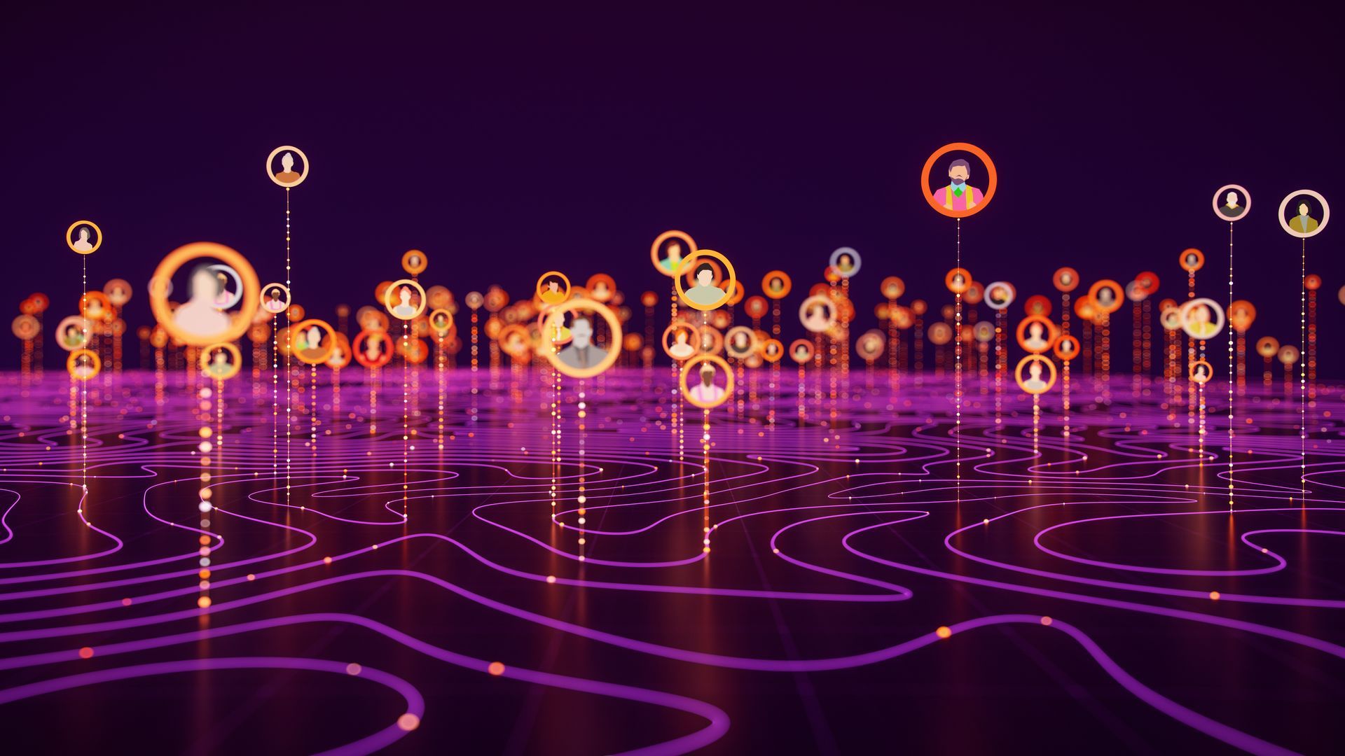 A bunch of bubbles are floating in the air on a purple background.